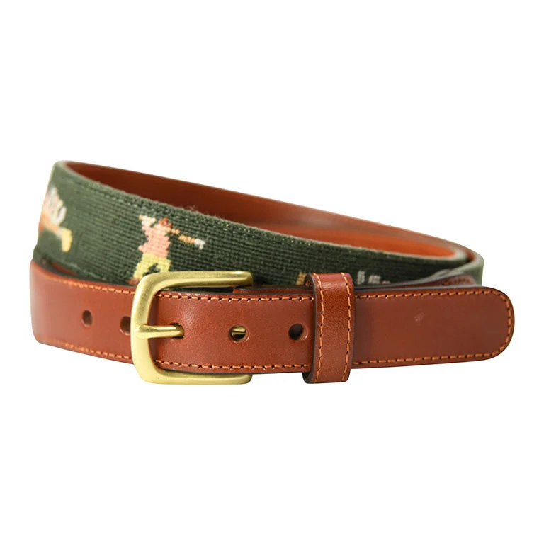 fabric waist belt for women -Charleston Belt Golf Forever Leather Needlepoint Belt