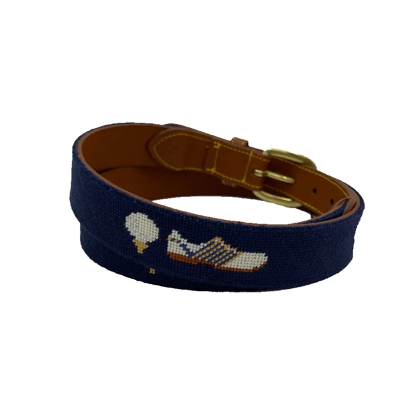 men’s leather belt with buckle -Grateful for Golf Leather Hand-stitched Needlepoint Belt Navy Blue