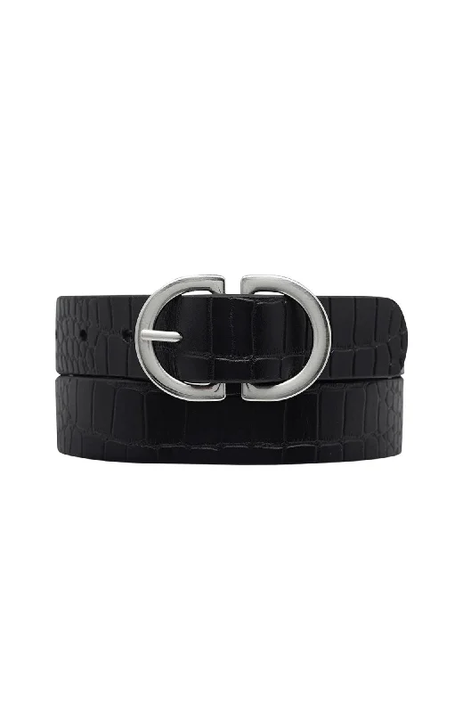 simple black leather belt -In Reverse Belt Black Croc Silver