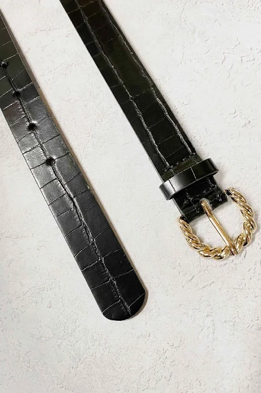 gold buckle belt for women -Isa Croc Belt Black