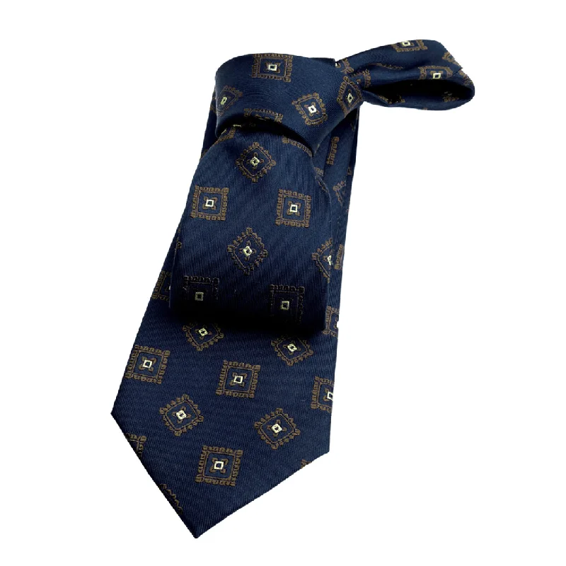 professional tie accessories-Andover Foulard Silk Tie, Navy / Bronze / Silver