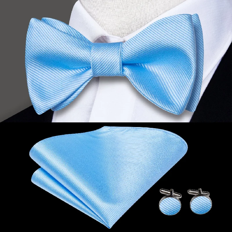 bright color ties-Baby Blue Striped Self-tied Bow Tie Pocket Square Cufflinks Set