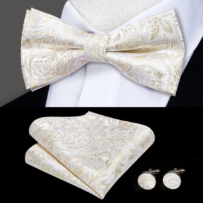 tie combinations for men-Beige Floral Men's Pre-tied Bowtie Pocket Square Cufflinks Set