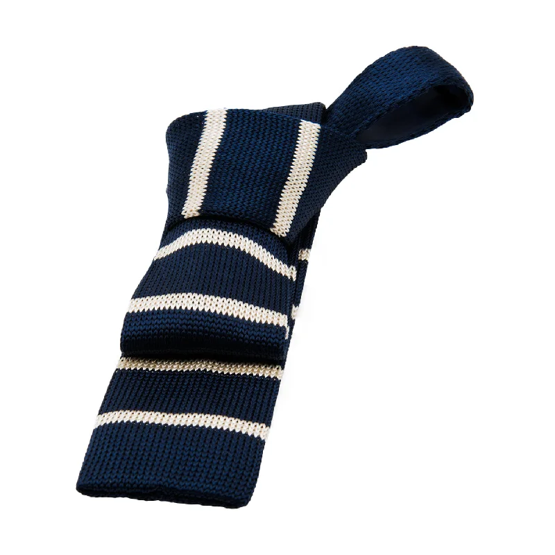 men's ties for parties-Bellmont Stripes Skinny Knitted Silk Tie, Navy / White