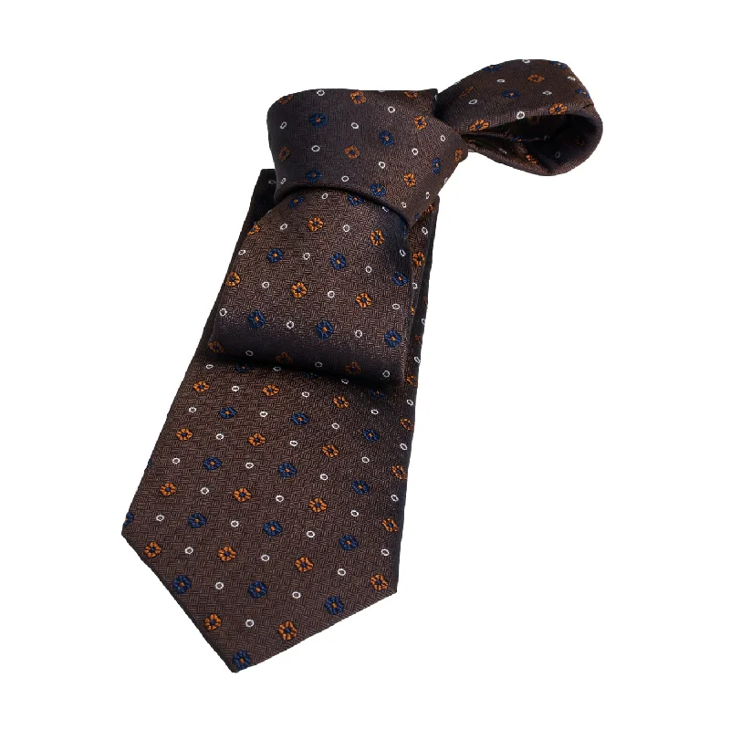 affordable necktie brands-Bennington Foulard Silk Tie, Brown / Navy / Orange