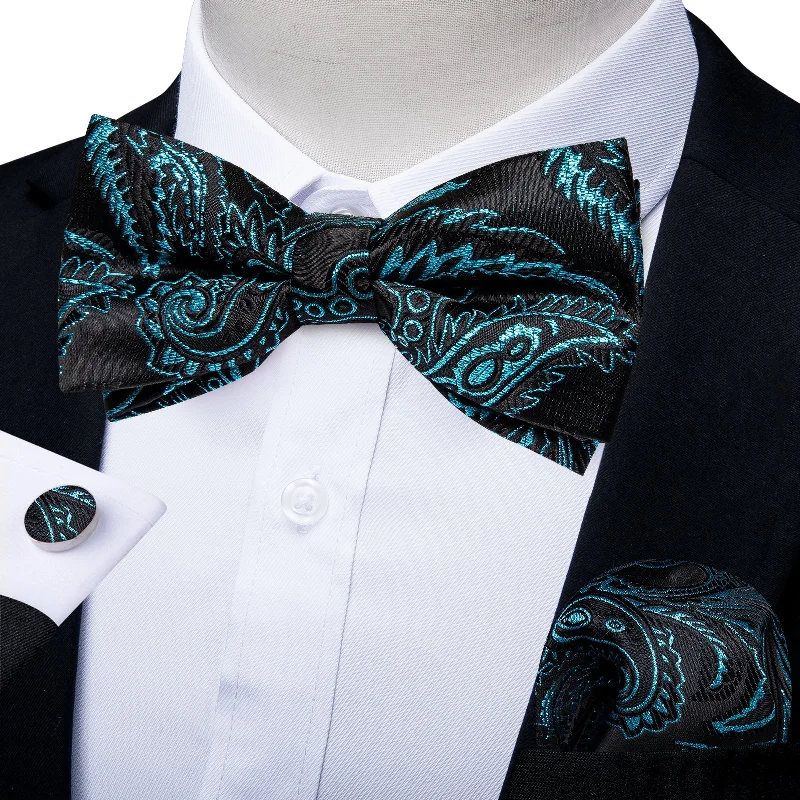 wedding bow ties-Black Blue Floral Silk Pre-tied Bow Tie Hanky Cufflinks Set