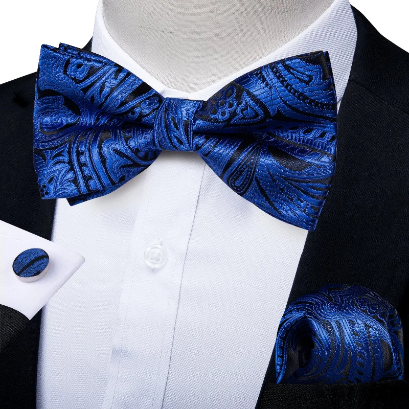 blue neckties for business-Black Blue Paisley Men's Pre-tied Bowtie Pocket Square Cufflinks Set