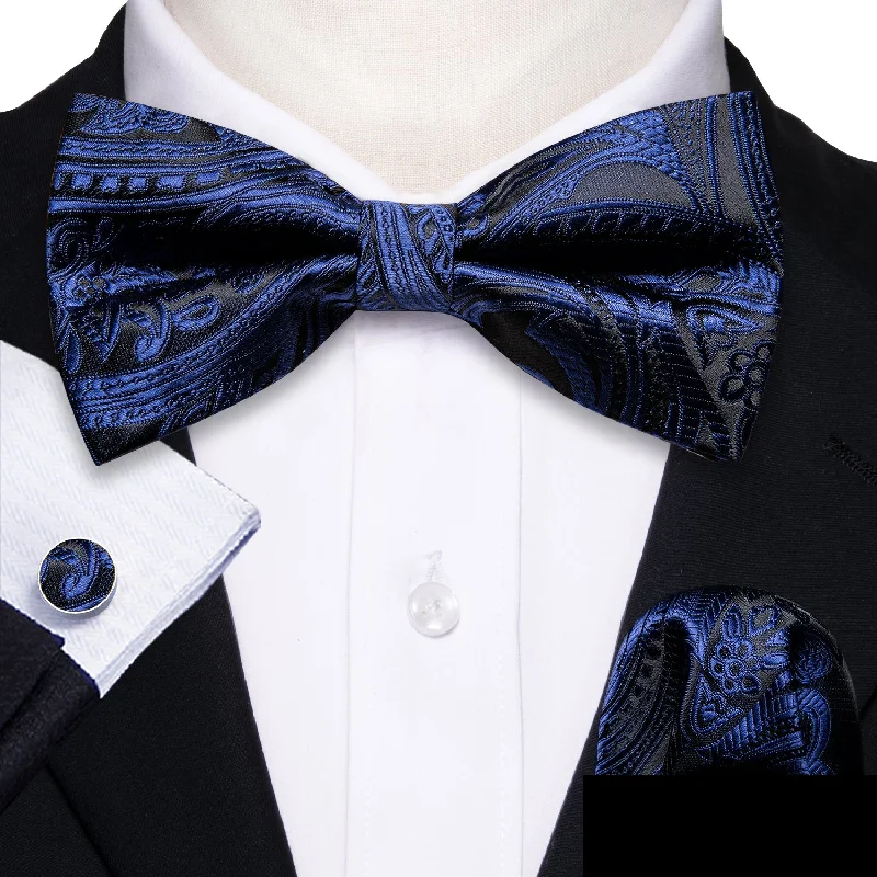 men's stylish neckties for work-Black Blue Paisley Pre-tied Silk Bow Tie Pocket Square Cufflinks Set