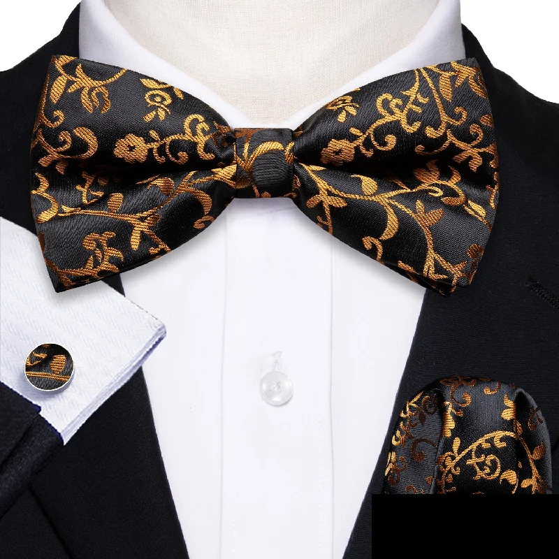 unique office neckties-Black Golden Floral Pre-tied Silk Bow Tie Pocket Square Cufflinks Set