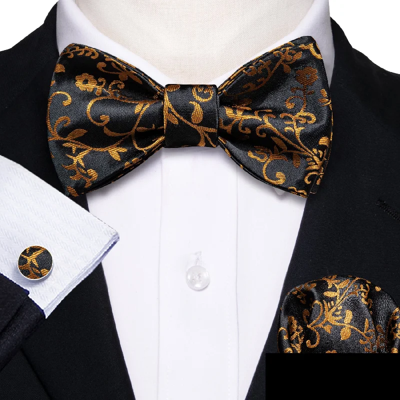 light color ties for business-Black Golden Floral Self-tied Bow Tie Pocket Square Cufflinks Set