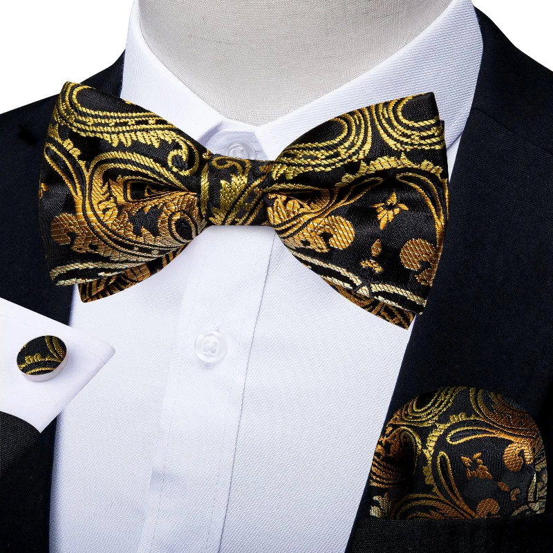 skinny formal ties-Black Golden Floral Silk Pre-tied Bow Tie Hanky Cufflinks Set