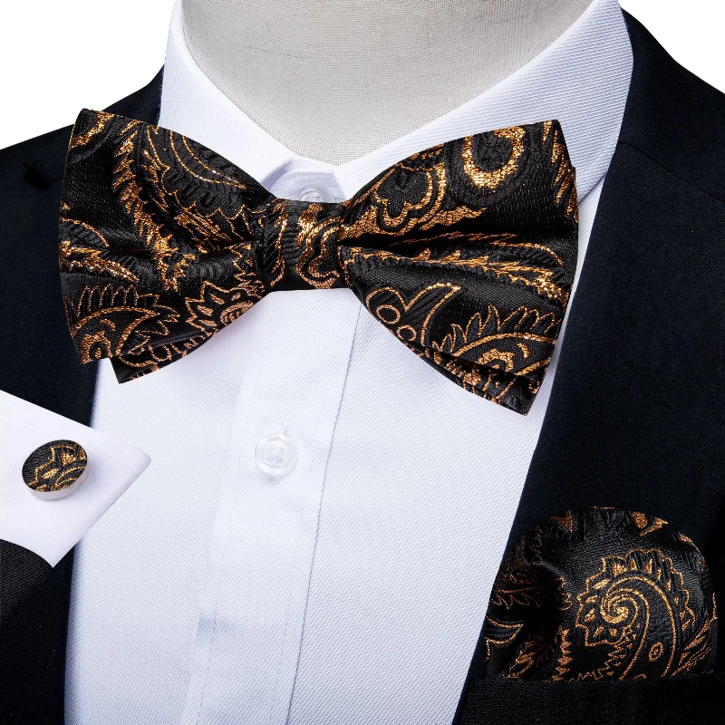 solid color neckties-Black Golden Floral Silk Bowtie Pocket Square Cufflinks Set