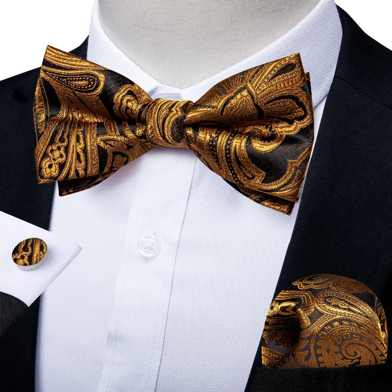 soft silk neckties-Black Golden Floral Silk Pre-tied Bow Tie Hanky Cufflinks Set