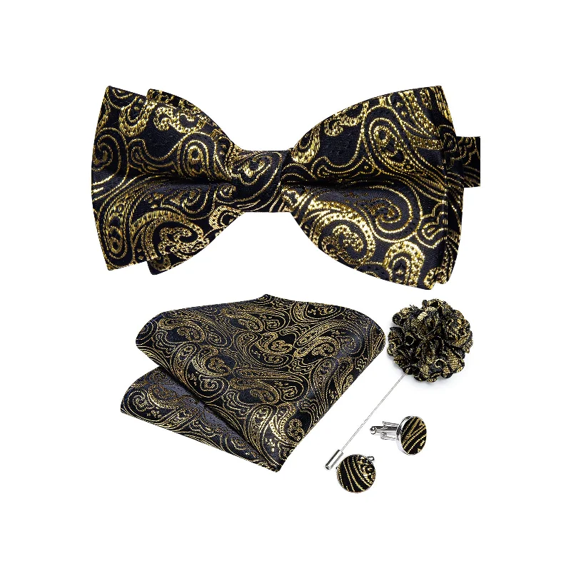 long neckties for tall men-Black Golden Paisley Men's Pre-tied Bowtie Pocket Square Cufflinks Set with Lapel Pin