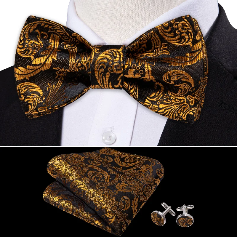 custom neckties for men-Black Golden Paisley Self-tied Bow Tie Pocket Square Cufflinks Set