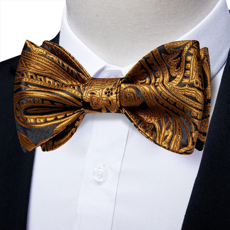 vintage men's neckties-Black Golden Paisley Self-tied Bow Tie Pocket Square Cufflinks Set