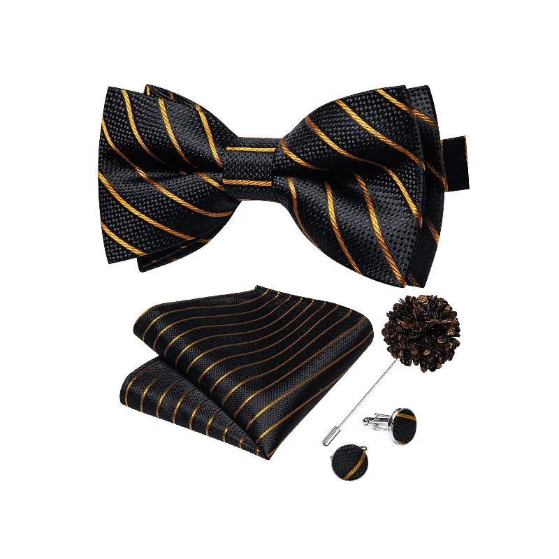 men's black ties-Black Golden Striped Men's Pre-tied Bowtie Pocket Square Cufflinks Set with Lapel Pin