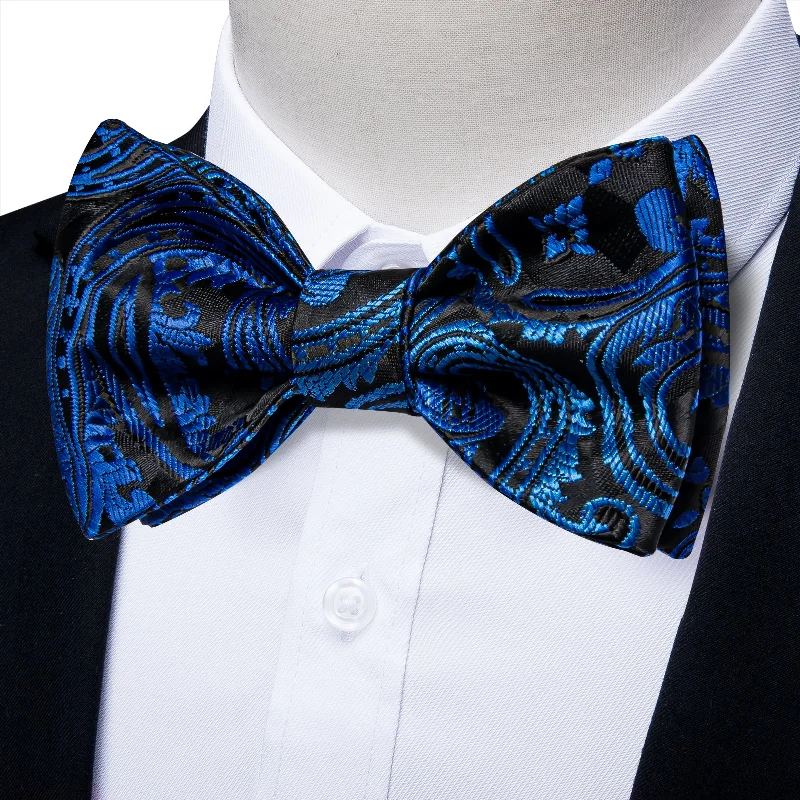 best silk ties for weddings-Black Gradient Blue Paisley Self-tied Bow Tie Pocket Square Cufflinks Set