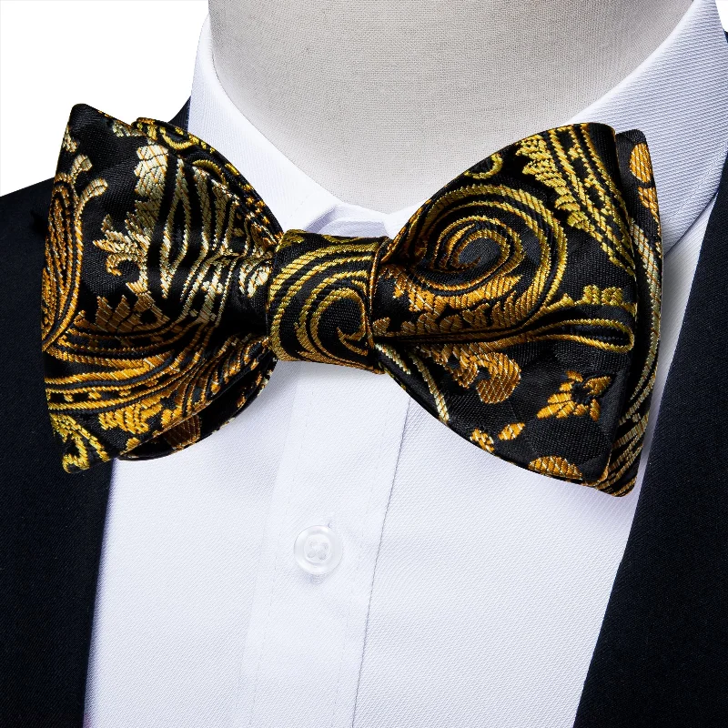 formal ties for men-Black Gradient Golden Paisley Self-tied Bow Tie Pocket Square Cufflinks Set