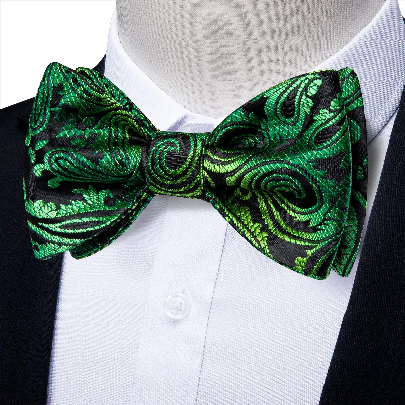 red neckties for men-Black Gradient Green Paisley Self-tied Bow Tie Pocket Square Cufflinks Set