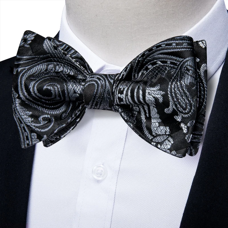 colorful men's ties-Black Gradient Silver Paisley Self-tied Bow Tie Pocket Square Cufflinks Set