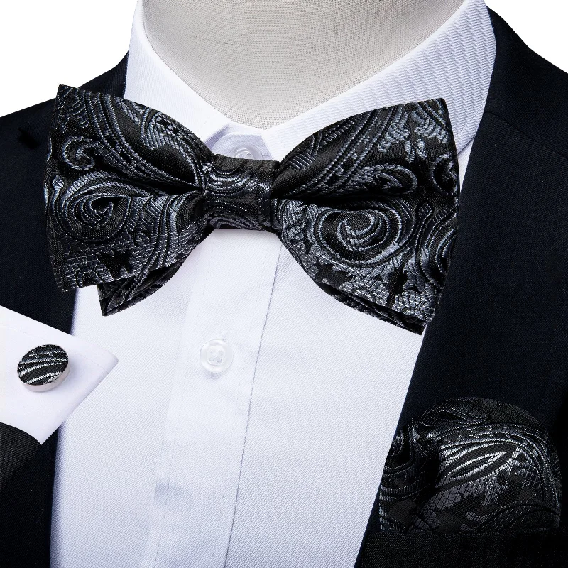 patterned wedding neckties-Black Green Floral Silk Pre-tied Bow Tie Hanky Cufflinks Set