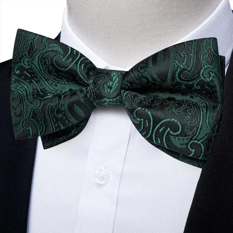 men's premium ties-Black Green Floral Silk Men's Pre-Bowtie Pocket Square Cufflinks Set