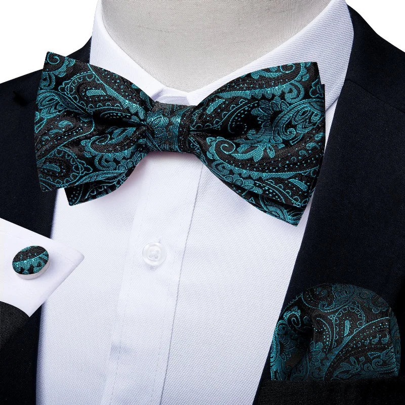 high-end men's ties-Black Green Floral Silk Pre-tied Bow Tie Hanky Cufflinks Set