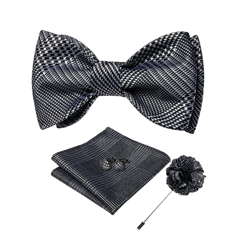 ties for office attire-Black Novelty Houndstooth Self-tied Bow Tie Pocket Square Cufflinks Set with Lapel Pin