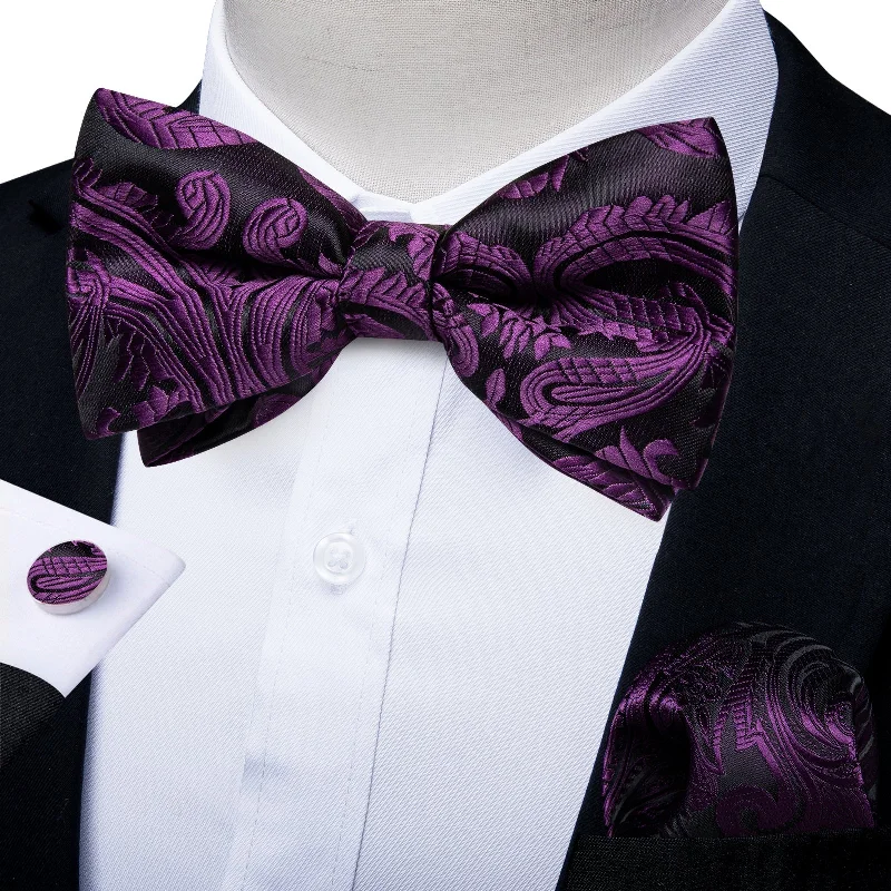 stylish necktie sets-Black Purple Floral Silk Pre-tied Bow Tie Hanky Cufflinks Set