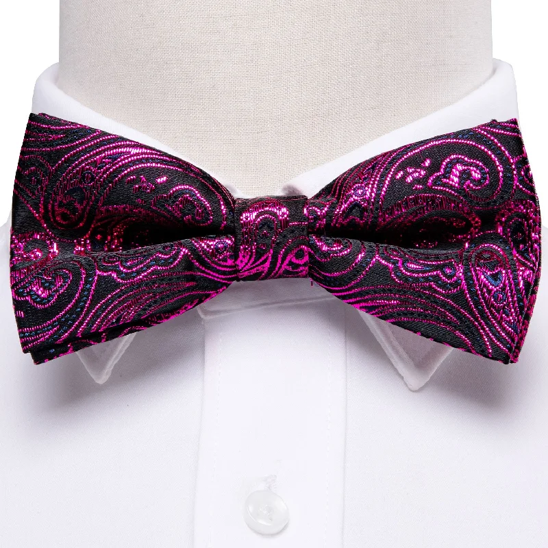 handmade silk ties for men-Black Purple Paisley Men's Pre-tied Bowtie Pocket Square Cufflinks Set