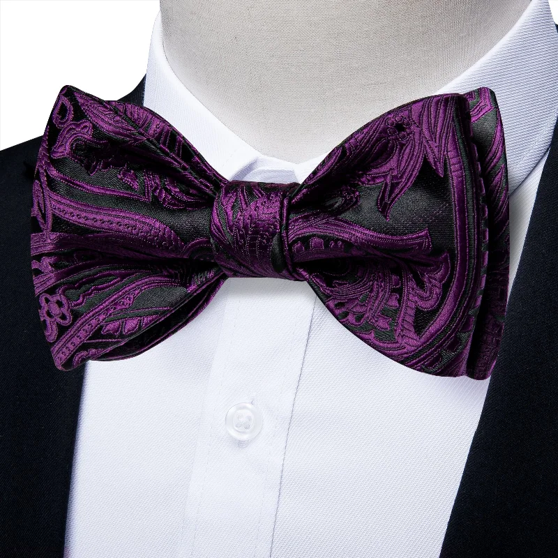 long neckties for tall men-Black Purple Paisley Self-tied Bow Tie Pocket Square Cufflinks Set