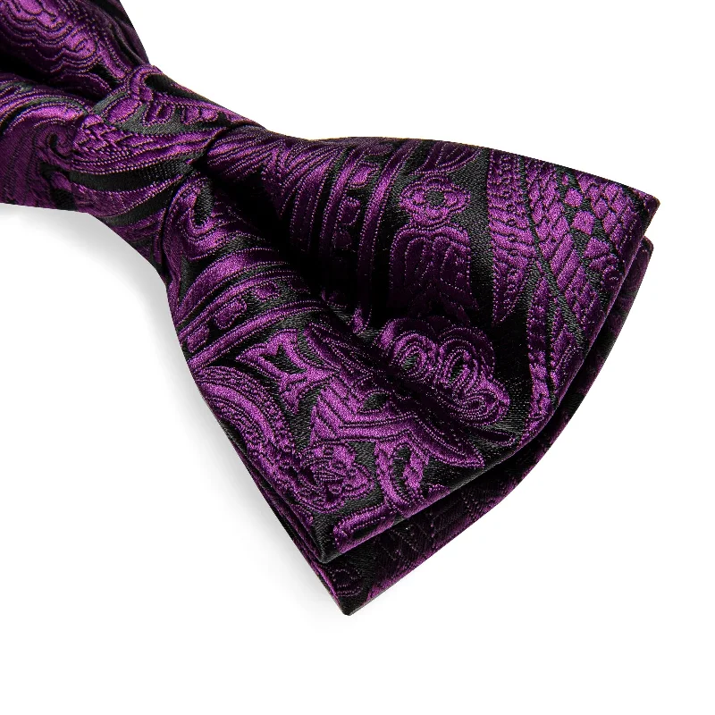 colorful silk neckties-Black Purple Paisley Silk Pre-tied Bow Tie Hanky Cufflinks Set