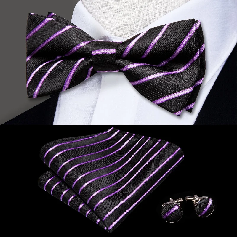 trendy tie patterns for men-Black Purple Striped Paisley Pre-tied Bow Tie Hanky Cufflinks Set