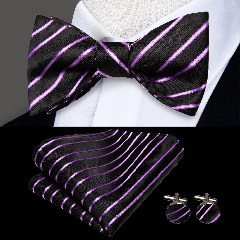 affordable necktie brands-Black Purple Striped Self-tied Bow Tie Pocket Square Cufflinks Set