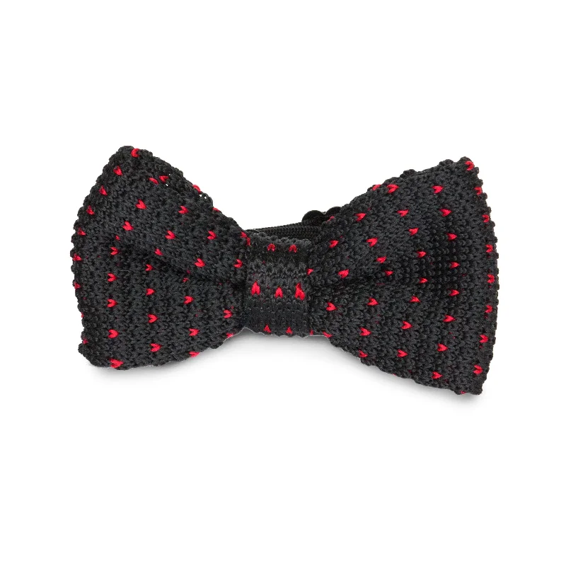 office tie sets for men-Adult Knit Bow Tie - Black/Red Dot