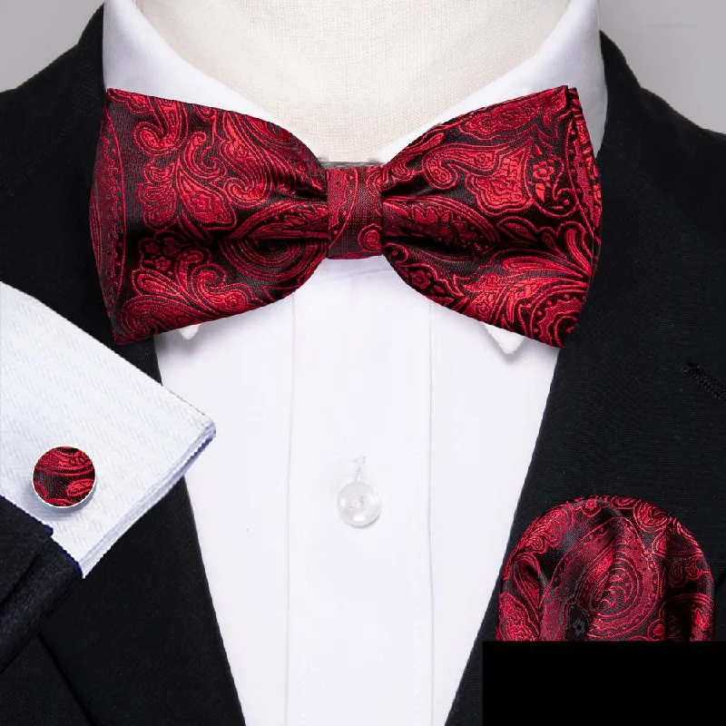 elegant office neckties-Black Red Paisley Men's Pre-tied Bowtie Pocket Square Cufflinks Set