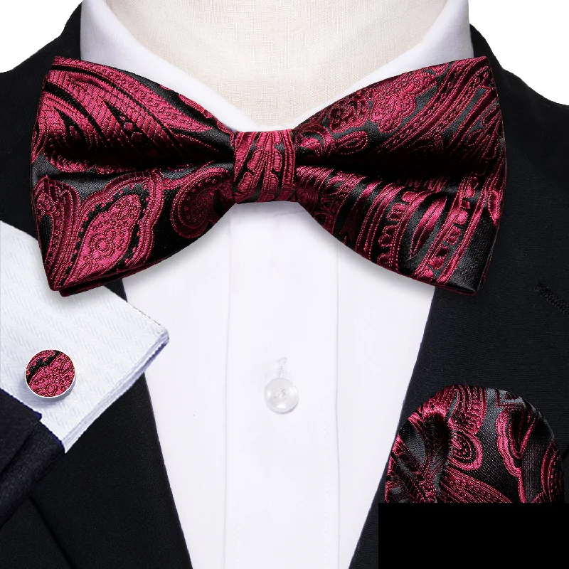 tie styles for weddings-Black Red Paisley Pre-tied Silk Bow Tie Pocket Square Cufflinks Set