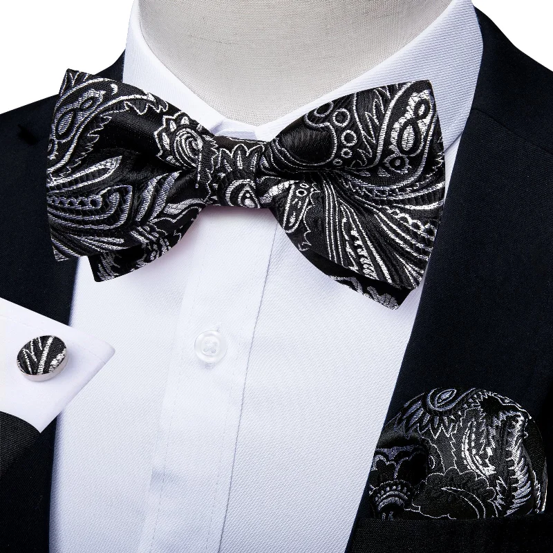 men's patterned silk ties-Black Silver Floral Silk Pre-tied Bow Tie Hanky Cufflinks Set