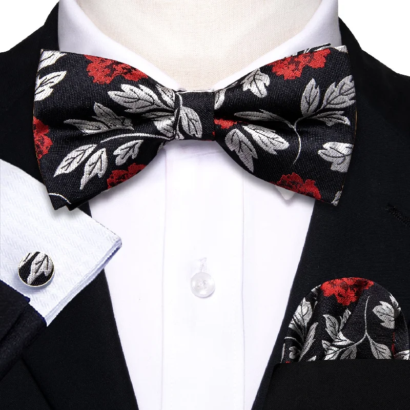 office bow ties-Black Silver Paisley Pre-tied Bow Tie Hanky Cufflinks Set