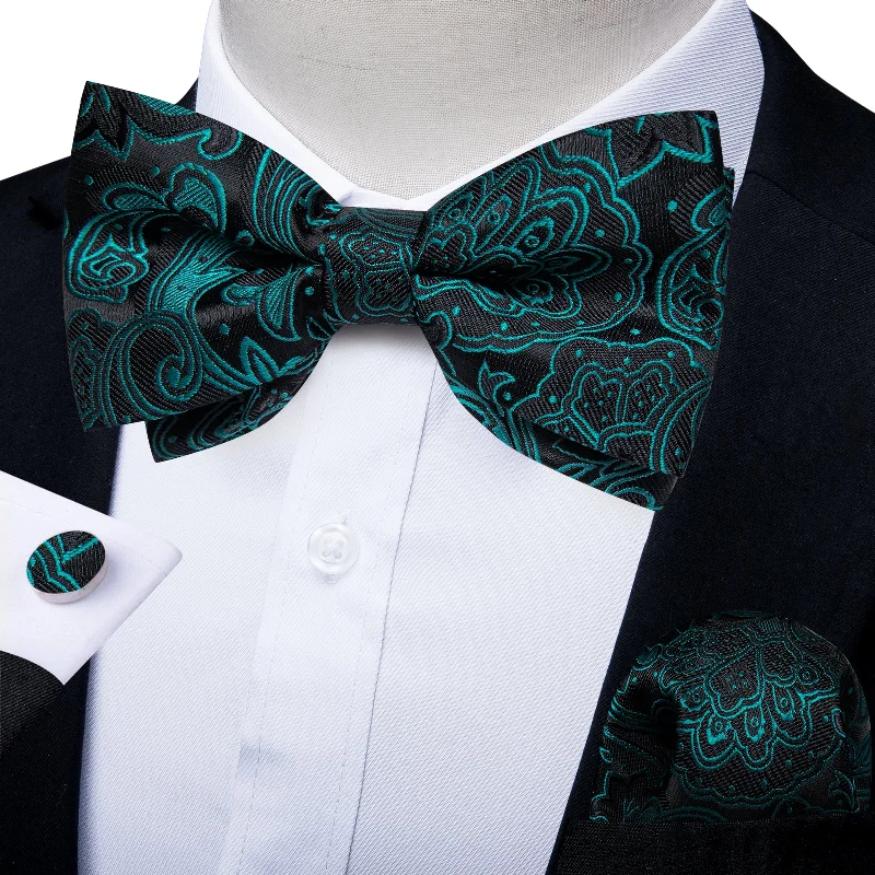 premium men's necktie sets-Black Teal Floral Silk Men's Pre-Bowtie Pocket Square Cufflinks Set