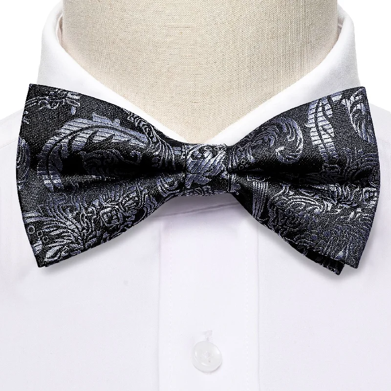 formal party neckties-Black White Floral Men's Pre-tied Bowtie Pocket Square Cufflinks Set