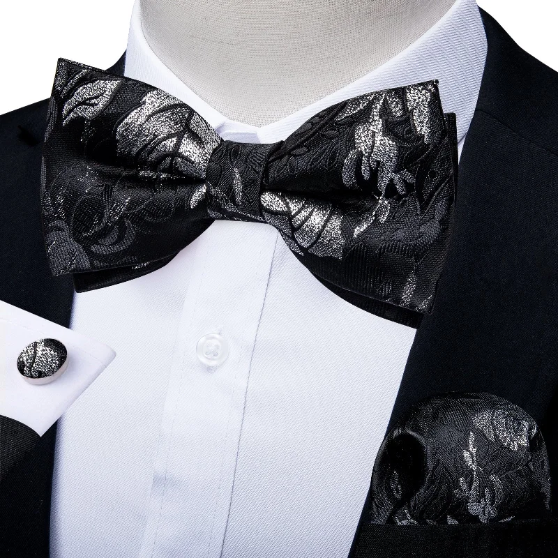 men's tie essentials-Black White Floral Pre-tied Bow Tie Hanky Cufflinks Set