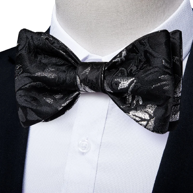 tie accessories for men-Black White Floral Self-tied Bow Tie Pocket Square Cufflinks Set