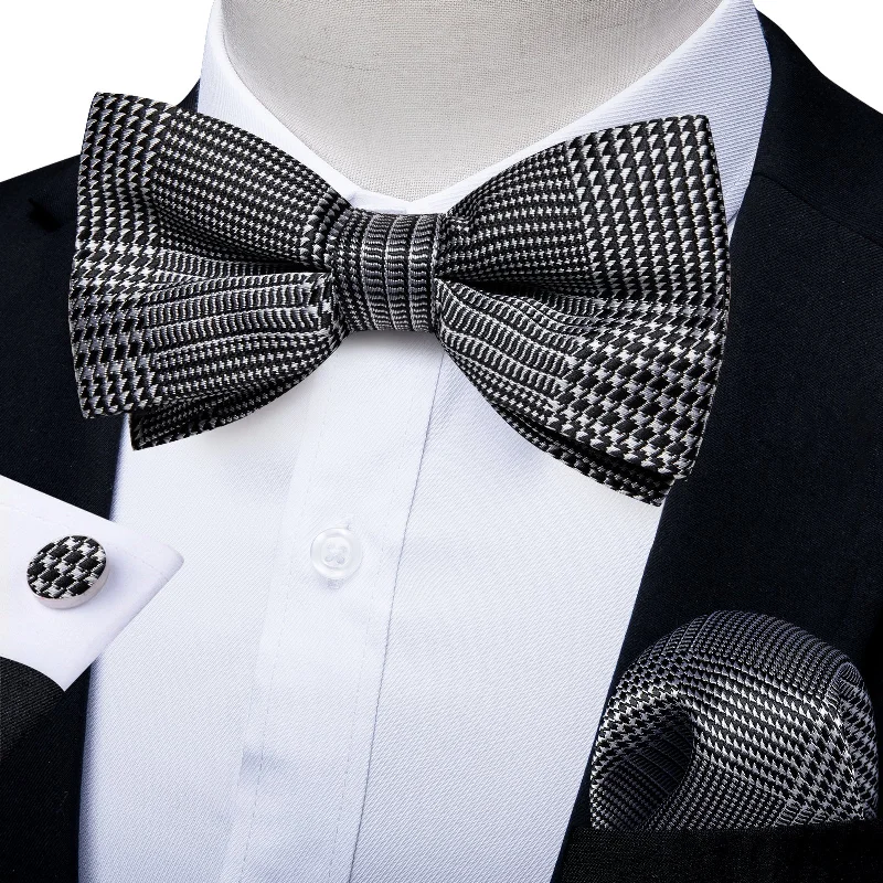 wedding necktie sets-Black White Plaid Silk Pre-tied Bow Tie Hanky Cufflinks Set