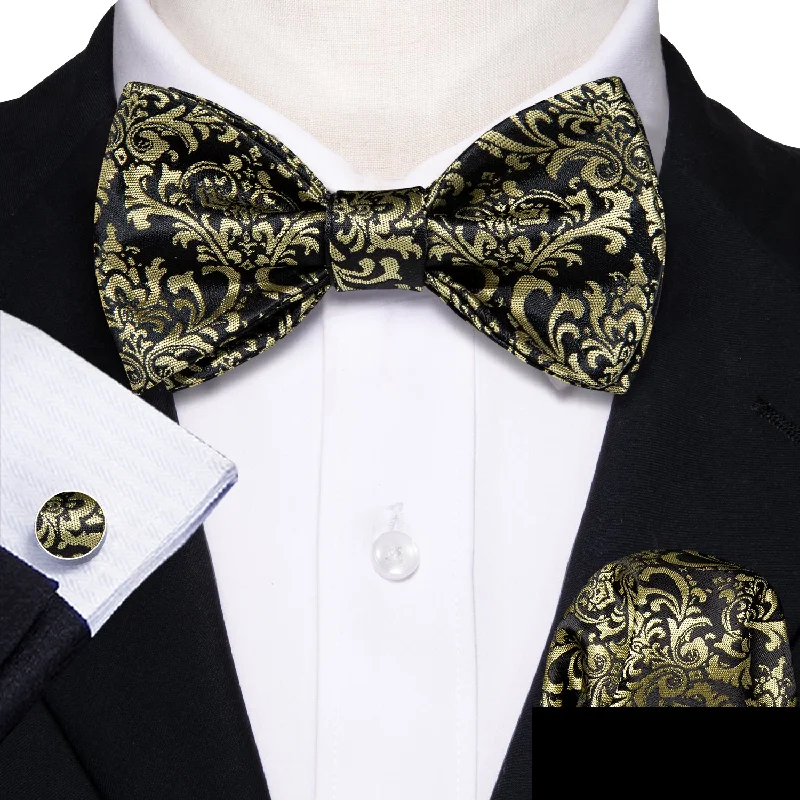 men's ties for parties-Black Yellow Floral Self-tied Silk Bow Tie Pocket Square Cufflinks Set