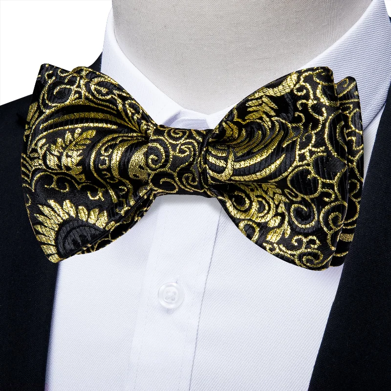 men's ties for church-Black Yellow Paisley Self-tied Bow Tie Pocket Square Cufflinks Set