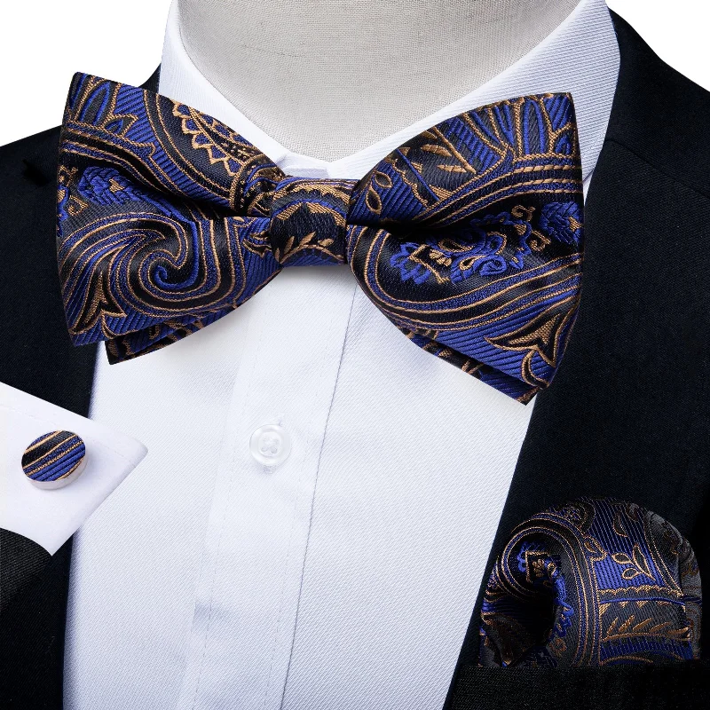 elegant neckties for office wear-Blue Black Golden Floral Silk Self-tied Bow Tie Hanky Cufflinks Set