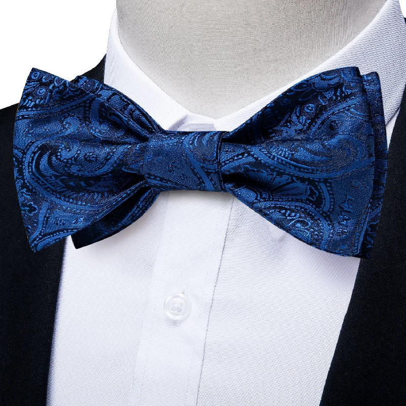 professional tie accessories-Blue Paisley Self-tied Bow Tie Pocket Square Cufflinks Set