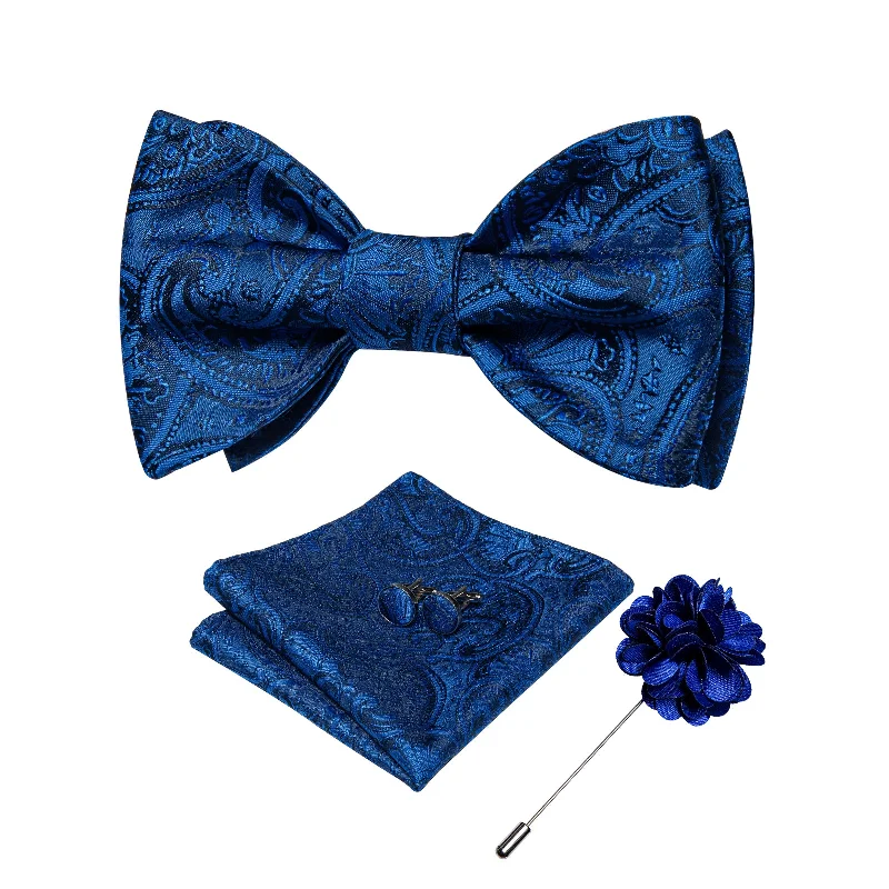 elegant silk ties-Blue Paisley Self-tied Bow Tie Pocket Square Cufflinks Set with Lapel Pin